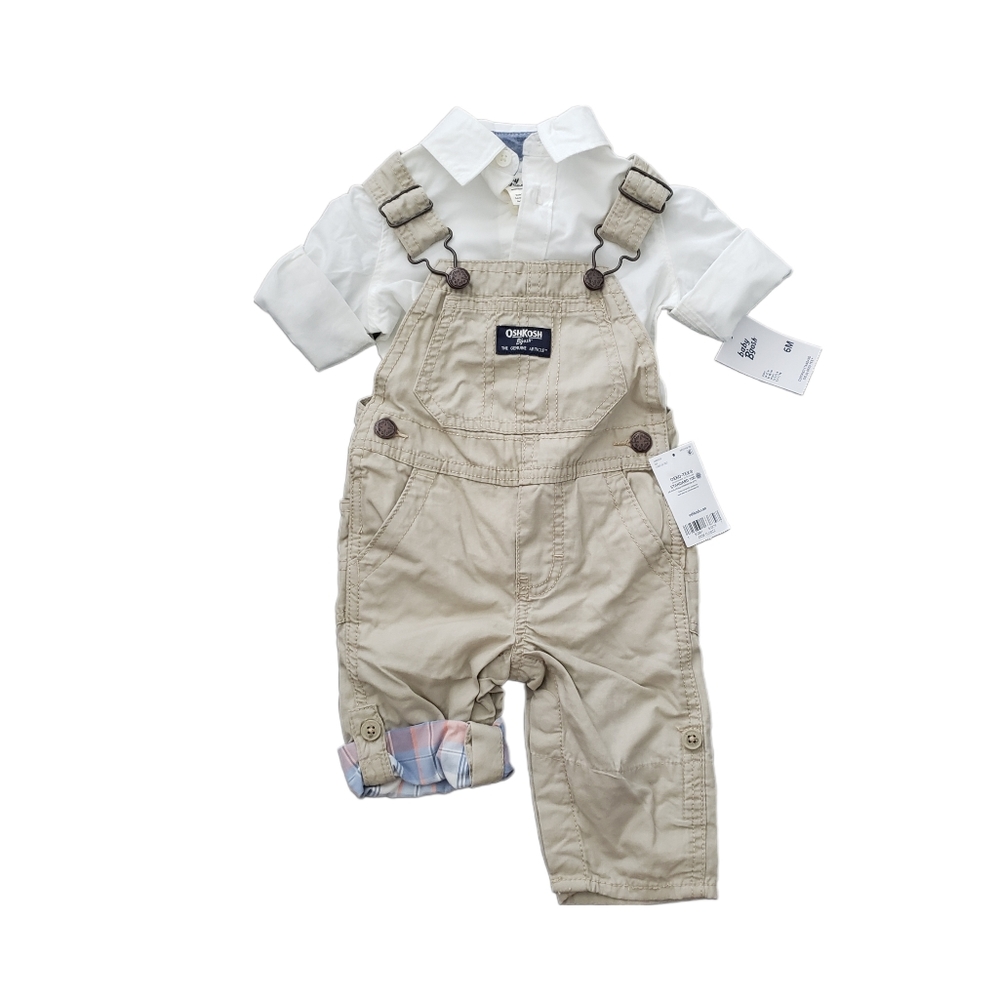 NWT Baby B'Gosh 6m Foldover Plaid Cuff  Overalls with White Dress Shirt